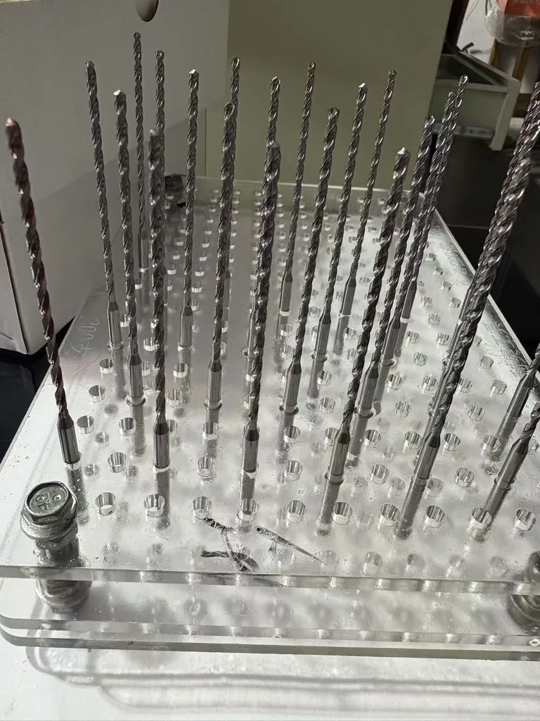 Micro diameter deep coolant-through carbide drills photographed before coating