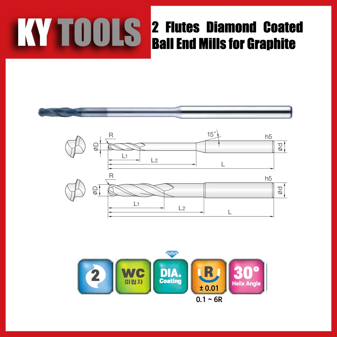 2 Flute Diamond Coated Ball End Mills for Graphite technical drawing and product view