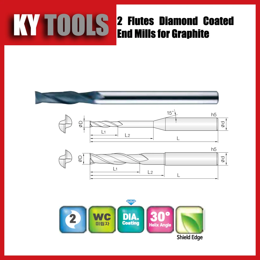2 Flute Diamond Coated Square End Mills for Graphite technical drawing and product view