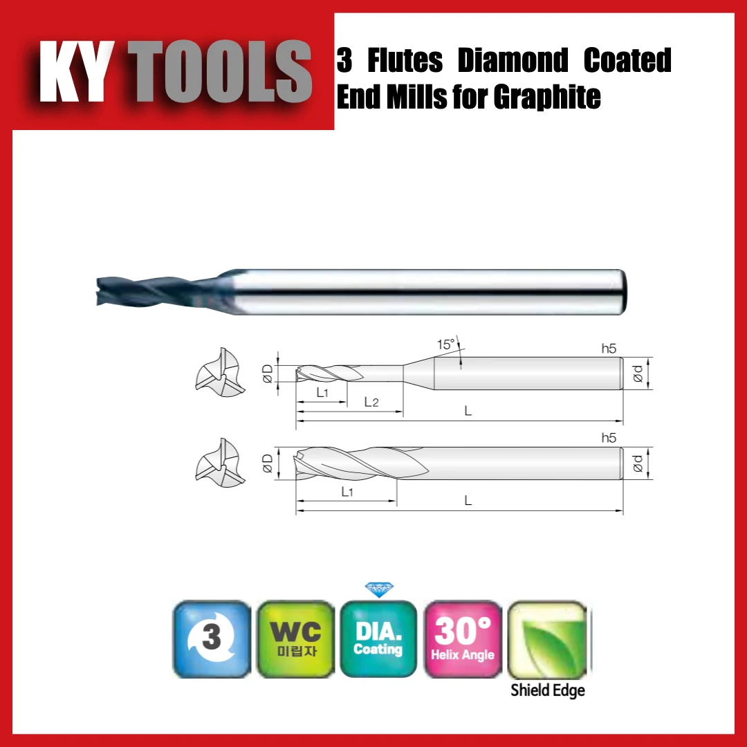 3 Flute Diamond Coated Square End Mills for Graphite technical drawing and product view